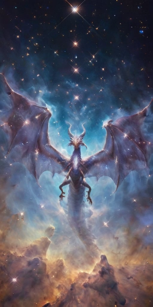 A massive dragon with shimmering scales of iridescent blue and silver, its wings spanning vast distances, gliding gracefully amidst a backdrop of swirling galaxies and twinkling stars. The dragon's eyes glow with the light of distant nebulae, and its breath creates beautiful trails of stardust behind it.
