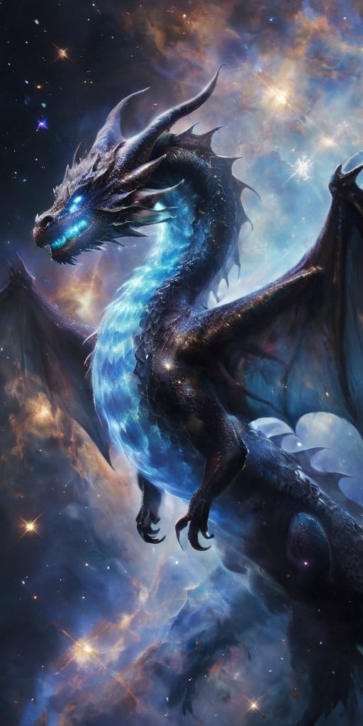 A massive dragon with shimmering scales of iridescent blue and silver, its wings spanning vast distances, gliding gracefully amidst a backdrop of swirling galaxies and twinkling stars. The dragon's eyes glow with the light of distant nebulae, and its breath creates beautiful trails of stardust behind it.
