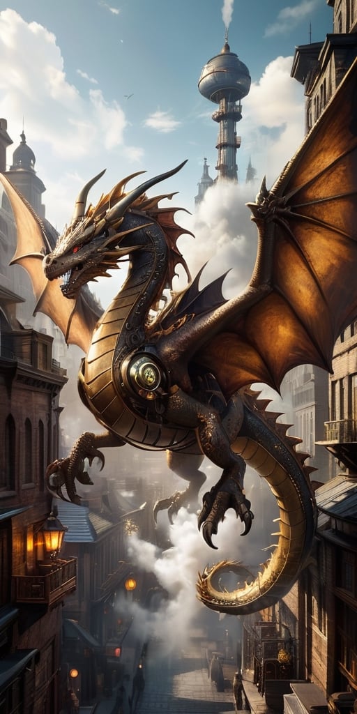 A colossal clockwork dragon, its brass gears and pistons whirring to life, takes flight above a steampunk cityscape. Steam billows from its vents, and its metallic wings cast long shadows on the cobblestone streets below.
