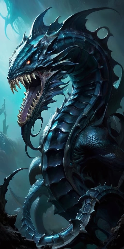 Voidspawn Leviathan From the blackest void comes a leviathan of nightmares. Its elongated body is covered in shimmering, bioluminescent scales, giving it an eerie, spectral appearance. Rows of serrated teeth line its gaping maw, which stretches impossibly wide to consume entire ships whole. 
