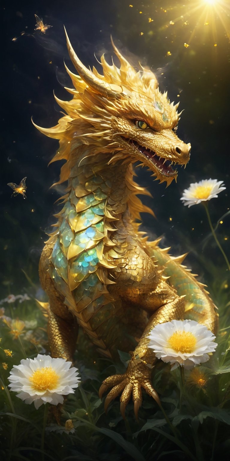 Depict a baby sun dragon frolicking in a field of wildflowers. Imagine its scales glowing with a warm golden hue, resembling dandelion fluff, and tiny fireflies illuminating the scene with their bioluminescent glow. Capture the dragon's playful expression as it chases butterflies and lets out gentle puffs of smoke.
