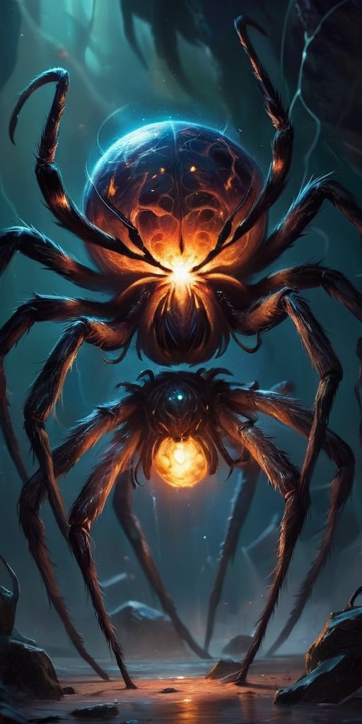 The Rift Spawns In the depths of an interstellar rift, where reality frays, monstrous beings emerge. Picture a creature with the body of a colossal spider, its hairy legs ending in sharp, hooked claws. Its bloated abdomen pulses with a sickly glow, revealing a multitude of eyes that fixate on its prey with an insatiable hunger.
