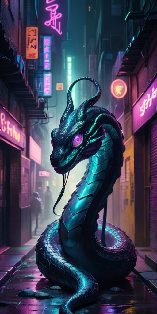 A serpentine creature with iridescent scales slithers through a neon-lit cyberpunk alleyway. Its forked tongue flickers with electric energy, and its eyes glow with an otherworldly intelligence.
