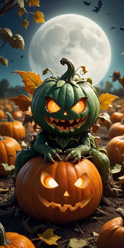 A baby pumpkin monster with a friendly grin, sitting in a pumpkin patch under a full moon. The monster has glowing eyes and leafy vines for hair. Jack-o'-lanterns with silly faces are scattered around the pumpkin patch.
