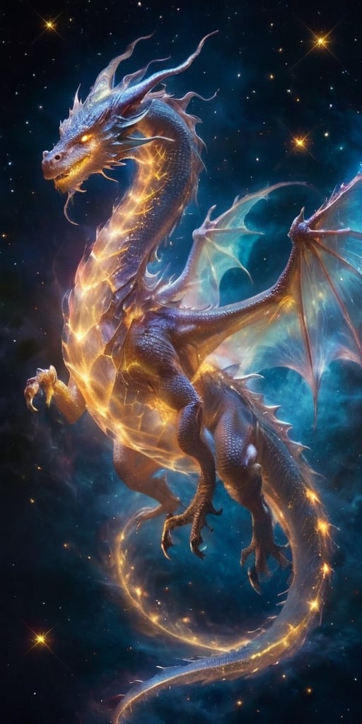 An ethereal dragon, translucent and shimmering like a ghostly apparition, its form outlined by the glow of distant stars. It soars through the void of space, leaving a trail of sparkling stardust in its wake, its eyes glowing with ancient wisdom as it navigates the cosmos.
