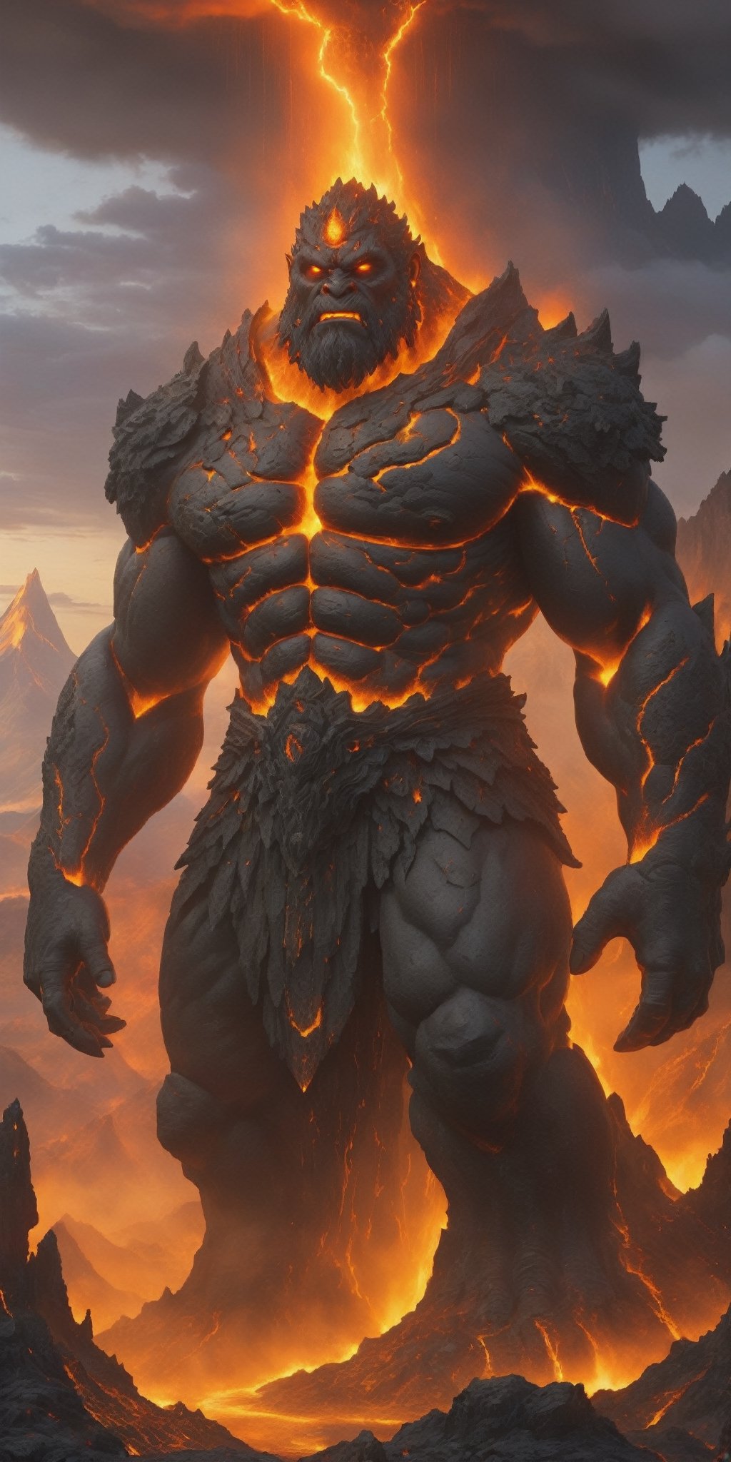 A colossal stone giant, its weathered features adorned with golden jewels, stands guard over a hidden city nestled within a volcano. Molten lava flows around its base, casting an orange glow on the city's obsidian towers.
 
