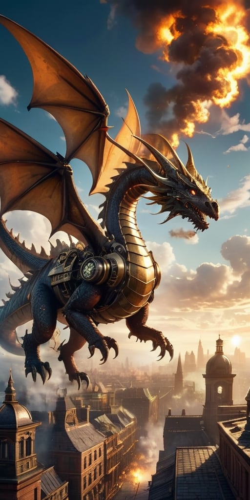 A colossal clockwork dragon, its brass gears and pistons whirring to life, takes flight above a steampunk cityscape. Steam billows from its vents, and its metallic wings cast long shadows on the cobblestone streets below.
