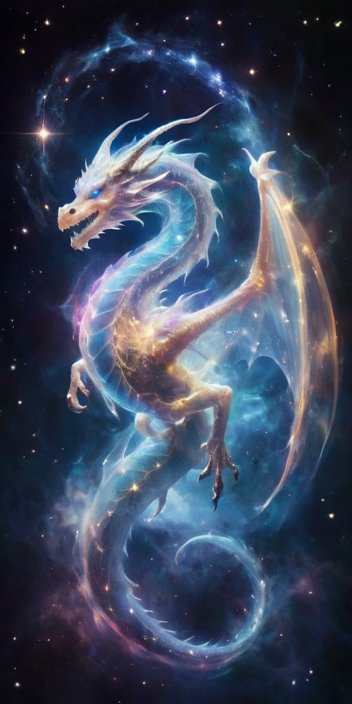 An ethereal dragon, translucent and shimmering like a ghostly apparition, its form outlined by the glow of distant stars. It soars through the void of space, leaving a trail of sparkling stardust in its wake, its eyes glowing with ancient wisdom as it navigates the cosmos.
