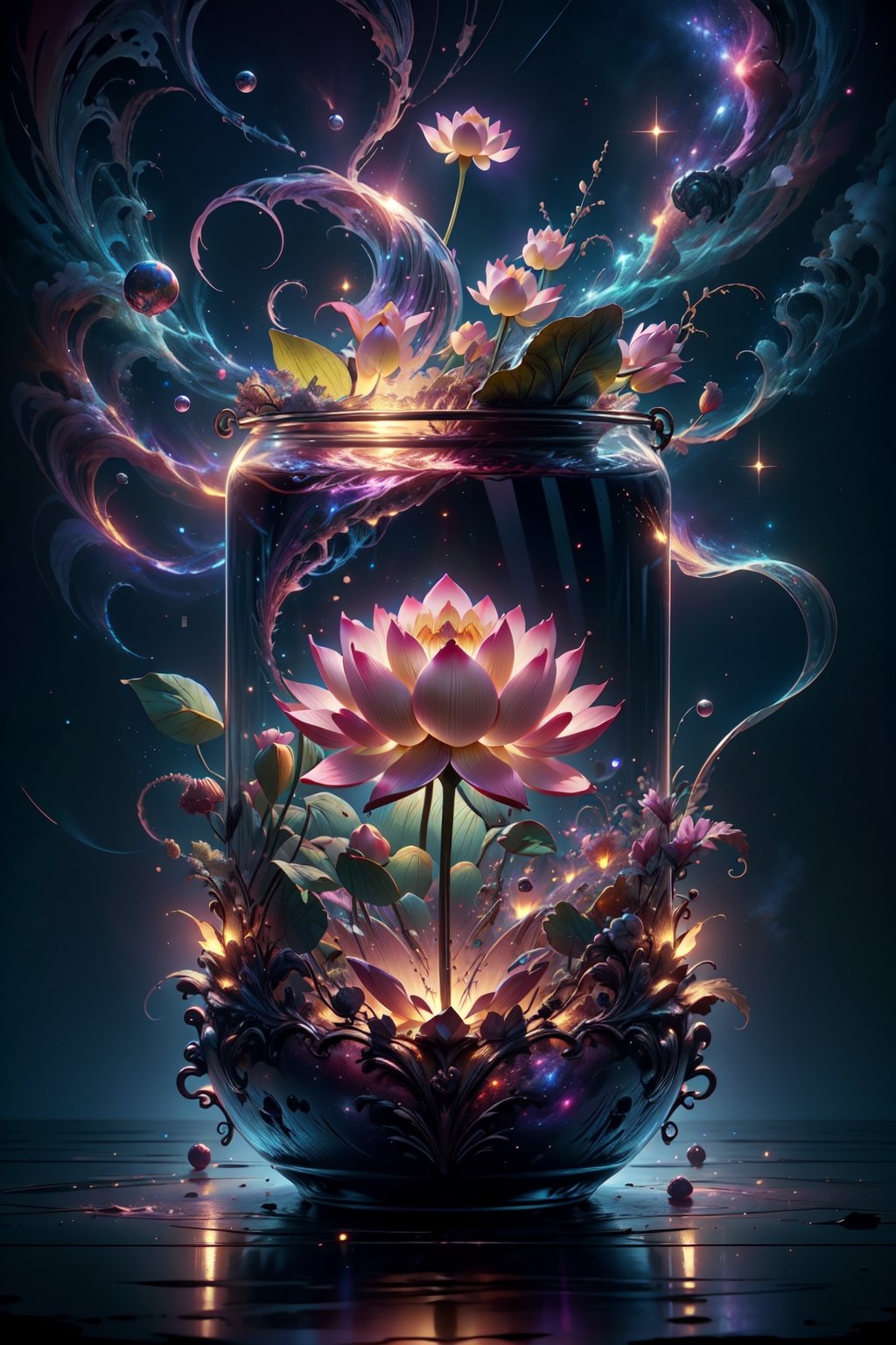 close up angle of (( floating on air)), ( lotus) , detailed focus, deep bokeh, beautiful, dreamy colors, dark cosmic background. Visually delightful ,3D,more detail XL,dreamwave,More Detail