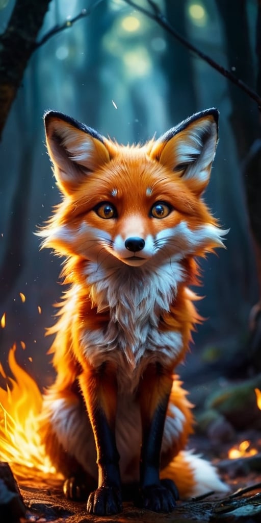 A mischievous fire spirit, resembling a playful fox, dances amongst flickering flames. Its fur crackles with embers, and its eyes glow with the warmth of the fire.
 
