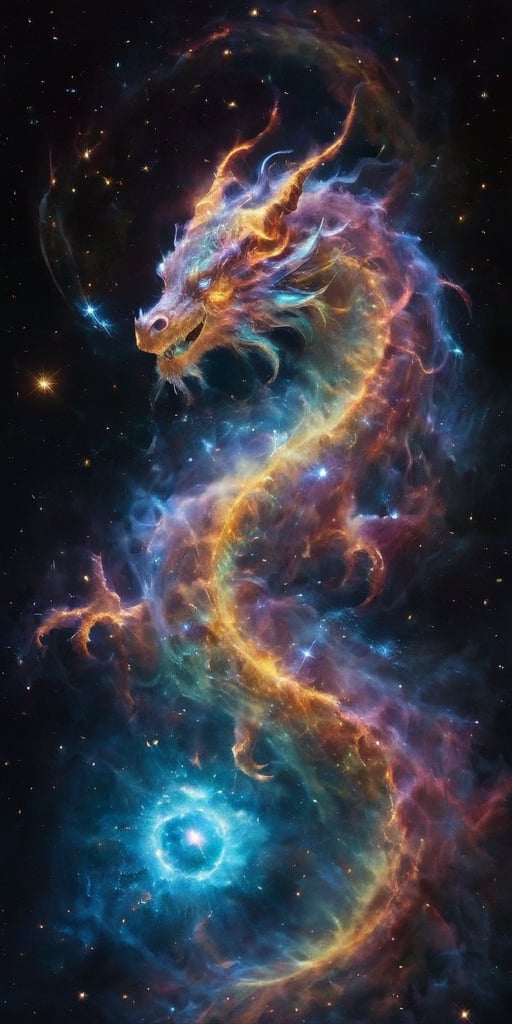 A celestial dragon, its body a tapestry of cosmic colors, adorned with glowing constellations that seem to dance across its scales. It coils around a glowing comet, its serpentine form framed by the vastness of space, with distant galaxies and nebulae painting a breathtaking backdrop.
