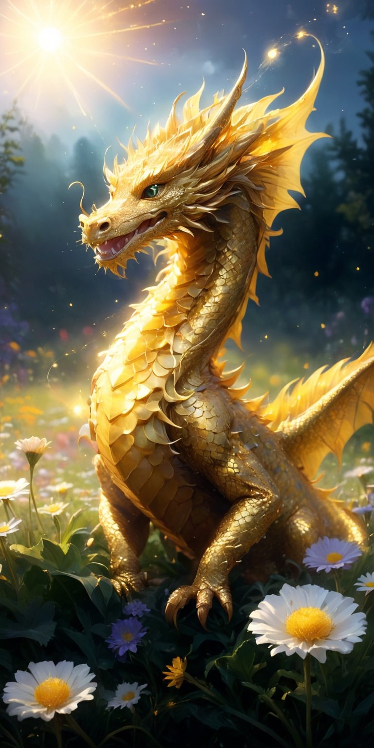 Depict a baby sun dragon frolicking in a field of wildflowers. Imagine its scales glowing with a warm golden hue, resembling dandelion fluff, and tiny fireflies illuminating the scene with their bioluminescent glow. Capture the dragon's playful expression as it chases butterflies and lets out gentle puffs of smoke.
