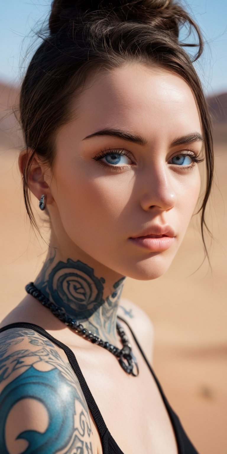 A close-up portrait of a woman with a stoic expression and piercing blue eyes. Her skin is adorned with intricate tattoos that swirl around her neck and arm. The background is a cracked desert landscape.
