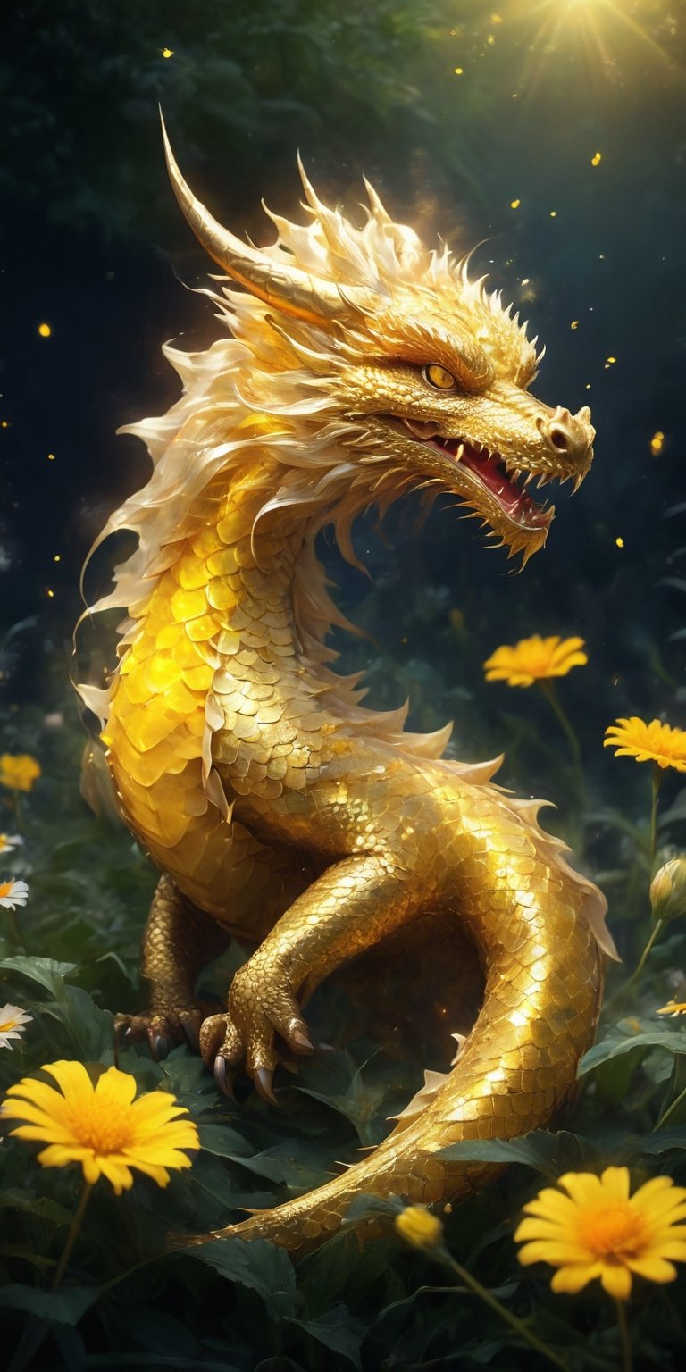 Depict a baby sun dragon frolicking in a field of wildflowers. Imagine its scales glowing with a warm golden hue, resembling dandelion fluff, and tiny fireflies illuminating the scene with their bioluminescent glow. Capture the dragon's playful expression as it chases butterflies and lets out gentle puffs of smoke.
