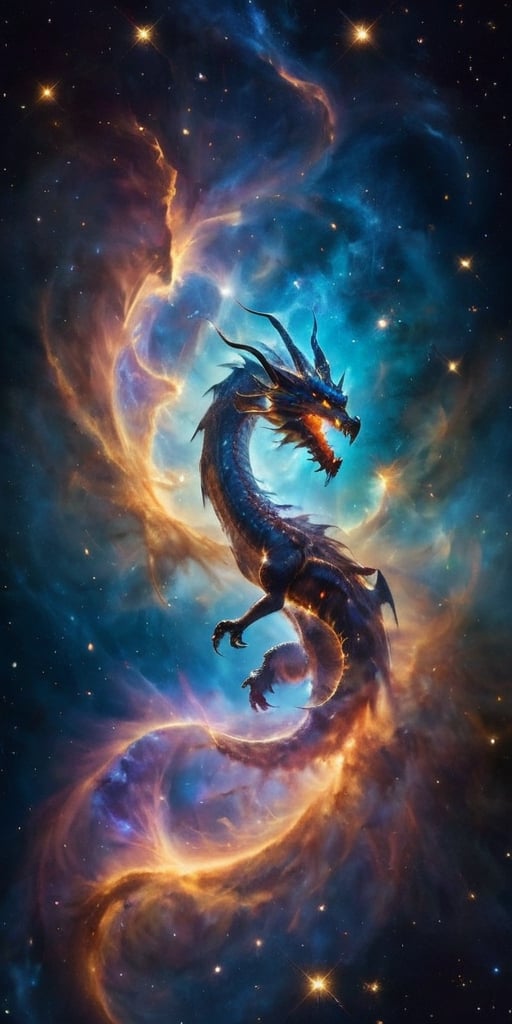 A cosmic dragon, its body a swirling vortex of stars and galaxies, with nebulae glowing softly within its translucent wings. It roars silently into the void, a beacon of majestic power and otherworldly beauty in the infinite expanse of space.
