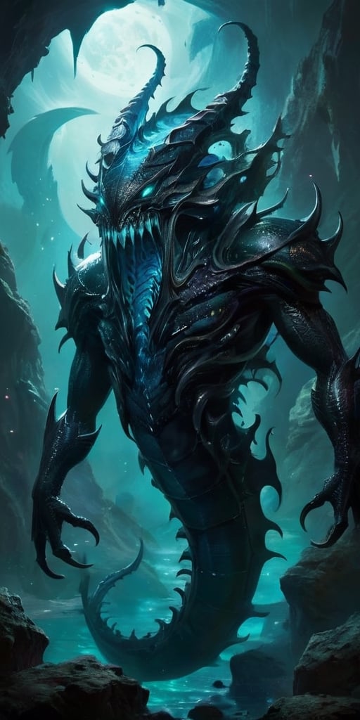 Voidspawn Leviathan From the blackest void comes a leviathan of nightmares. Its elongated body is covered in shimmering, bioluminescent scales, giving it an eerie, spectral appearance. Rows of serrated teeth line its gaping maw, which stretches impossibly wide to consume entire ships whole. 
