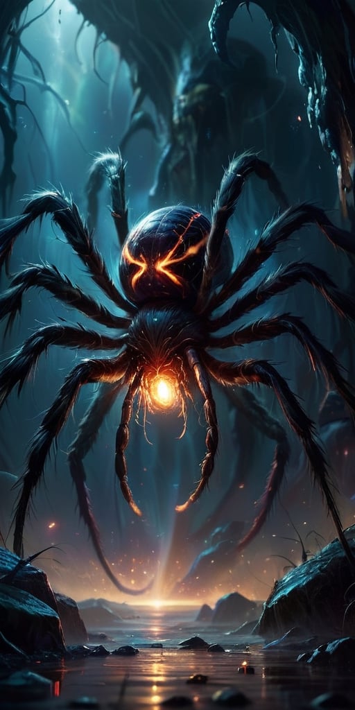 The Rift Spawns In the depths of an interstellar rift, where reality frays, monstrous beings emerge. Picture a creature with the body of a colossal spider, its hairy legs ending in sharp, hooked claws. Its bloated abdomen pulses with a sickly glow, revealing a multitude of eyes that fixate on its prey with an insatiable hunger.
