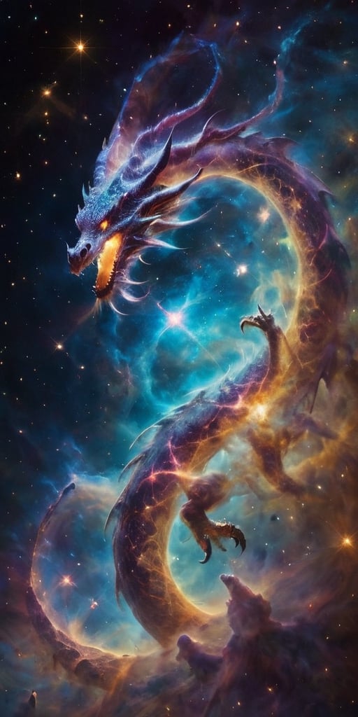 A cosmic dragon, its body a swirling vortex of stars and galaxies, with nebulae glowing softly within its translucent wings. It roars silently into the void, a beacon of majestic power and otherworldly beauty in the infinite expanse of space.
