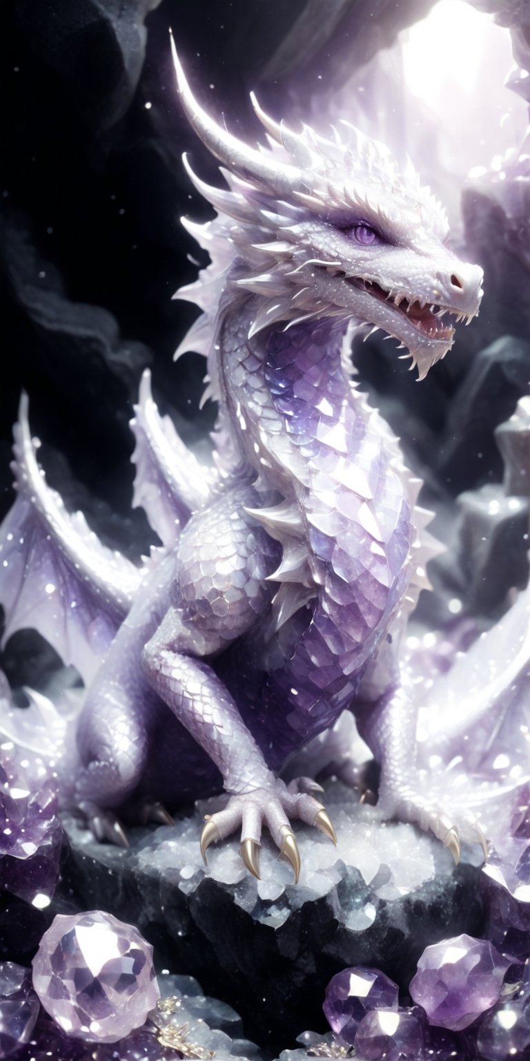 Illustrate a baby crystal dragon nestled within a bed of amethyst crystals. Render the scene in a soft, dreamlike style, with the dragon's scales shimmering in various shades of purple and lavender. Depict dewdrops forming on the crystal tips, sparkling like tiny diamonds, and let the dragon nuzzle playfully against a larger, warm amethyst.
 
, 