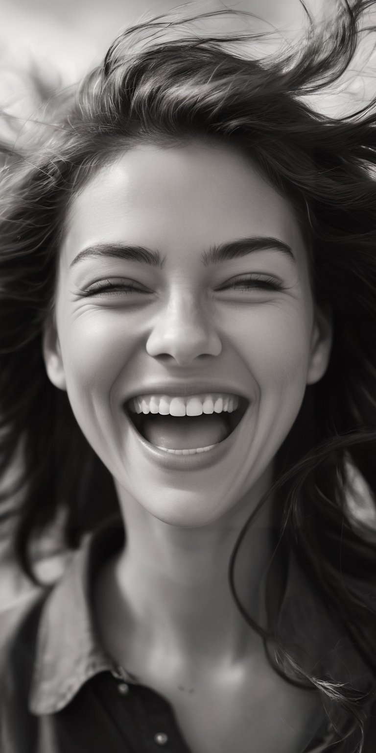 A black and white close-up portrait of a woman with windblown hair and laugh lines etched around her eyes. Her expression is one of pure joy, her mouth open in a wide laugh. The background is blurred, creating a sense of movement.
 
