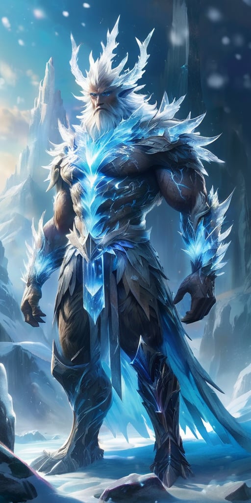 A towering, crystalline giant emerges from a frozen wasteland. Its body is composed of interlocking ice crystals, and its movements cause shimmering snowflakes to cascade around it.
