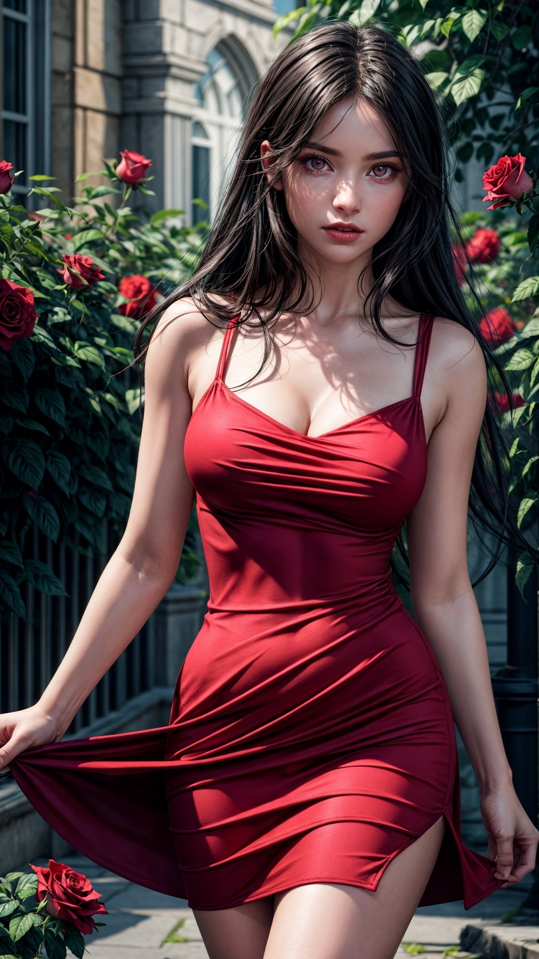 masterpiece,{{{best quality}}},(illustration)),{{{extremely detailed CG unity 8k ,Brilliant light,cinematic lighting,long_focus,Women, with medium breast , (Black hair),long_hair,((-red babycon dress)), pink eyes,realistic, Rose garden outside background,top angle ,FFIXBG