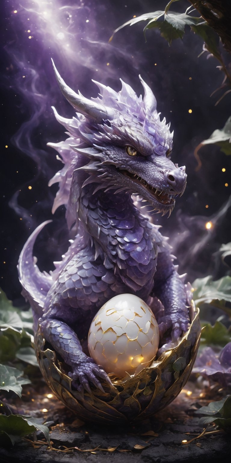Create a close-up image of a baby amethyst dragon hatching from its egg. Capture the drama of the moment with intricate cracks spreading across the egg's surface, revealing the violet scales of the dragon beneath. Include shimmering dust particles swirling around the eggshell, and depict a gentle breeze rustling nearby leaves, creating a sense of anticipation as the new life emerges.
