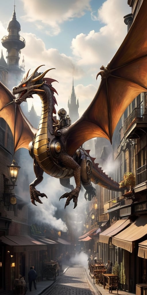 A colossal clockwork dragon, its brass gears and pistons whirring to life, takes flight above a steampunk cityscape. Steam billows from its vents, and its metallic wings cast long shadows on the cobblestone streets below.
