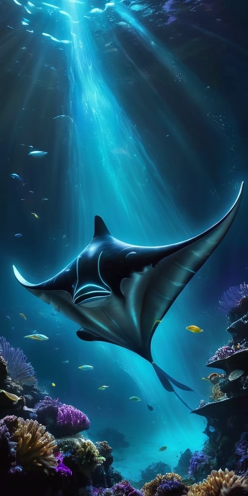 A colossal manta ray soars through the bioluminescent depths of the ocean. Glowing plankton trails in its wake, illuminating the strange and fantastical creatures that dance around it.
