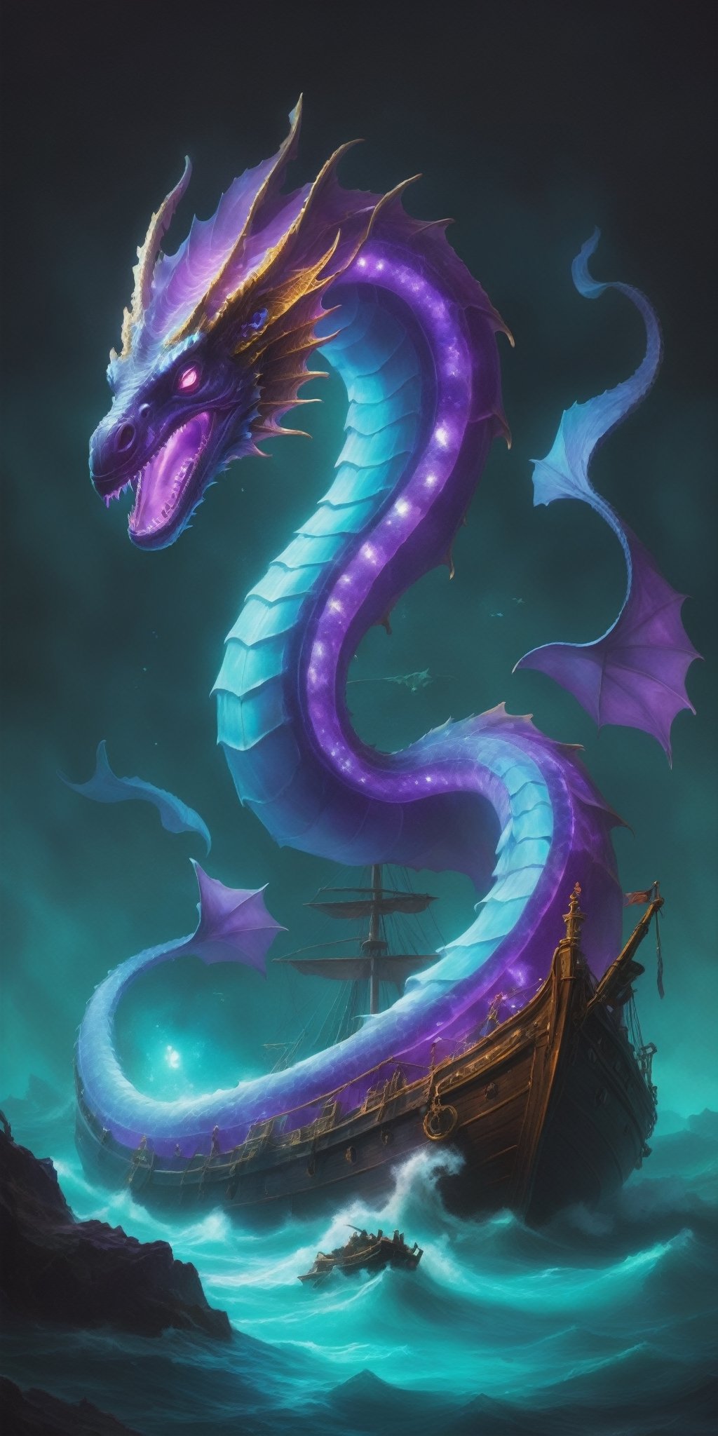 A luminescent sea serpent with scales that shimmer like amethysts coils around a sunken galleon, its bioluminescent light illuminating the treasures within. Ghostly pirates peer out from portholes, their expressions a mix of awe and fear.
