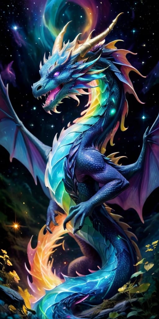 An astral dragon, its body a luminous, ever-changing tapestry of colors, like a living aurora. It flies through a field of shimmering starlight, its form blending with the cosmic energies around it. Its presence is mesmerizing and enchanting, a true marvel of the cosmos.
