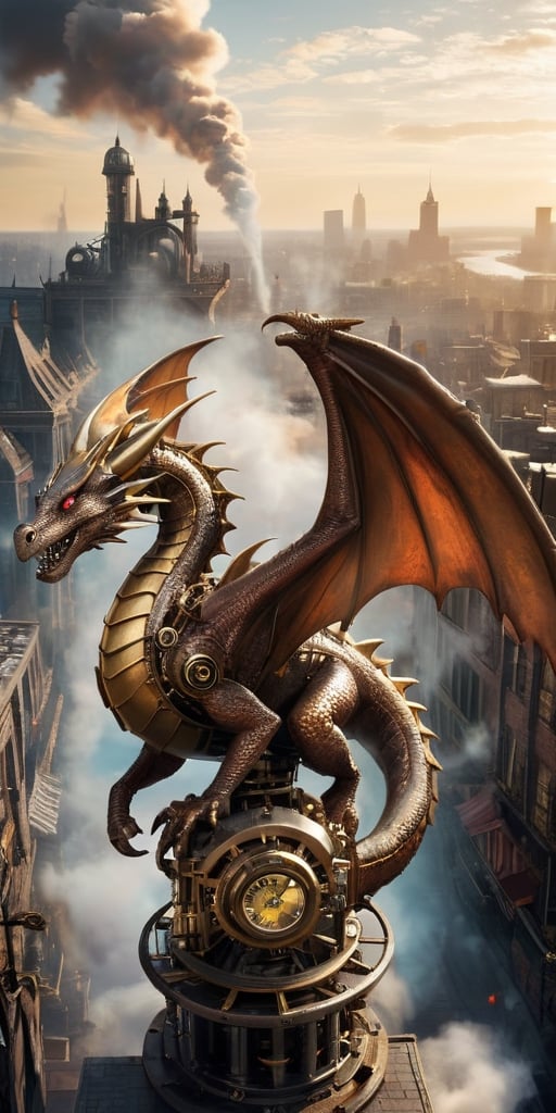 A colossal clockwork dragon, its brass gears and pistons whirring to life, takes flight above a steampunk cityscape. Steam billows from its vents, and its metallic wings cast long shadows on the cobblestone streets below.
