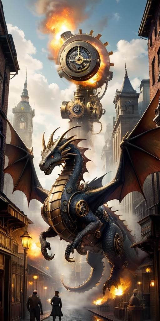 A colossal clockwork dragon, its brass gears and pistons whirring to life, takes flight above a steampunk cityscape. Steam billows from its vents, and its metallic wings cast long shadows on the cobblestone streets below.
