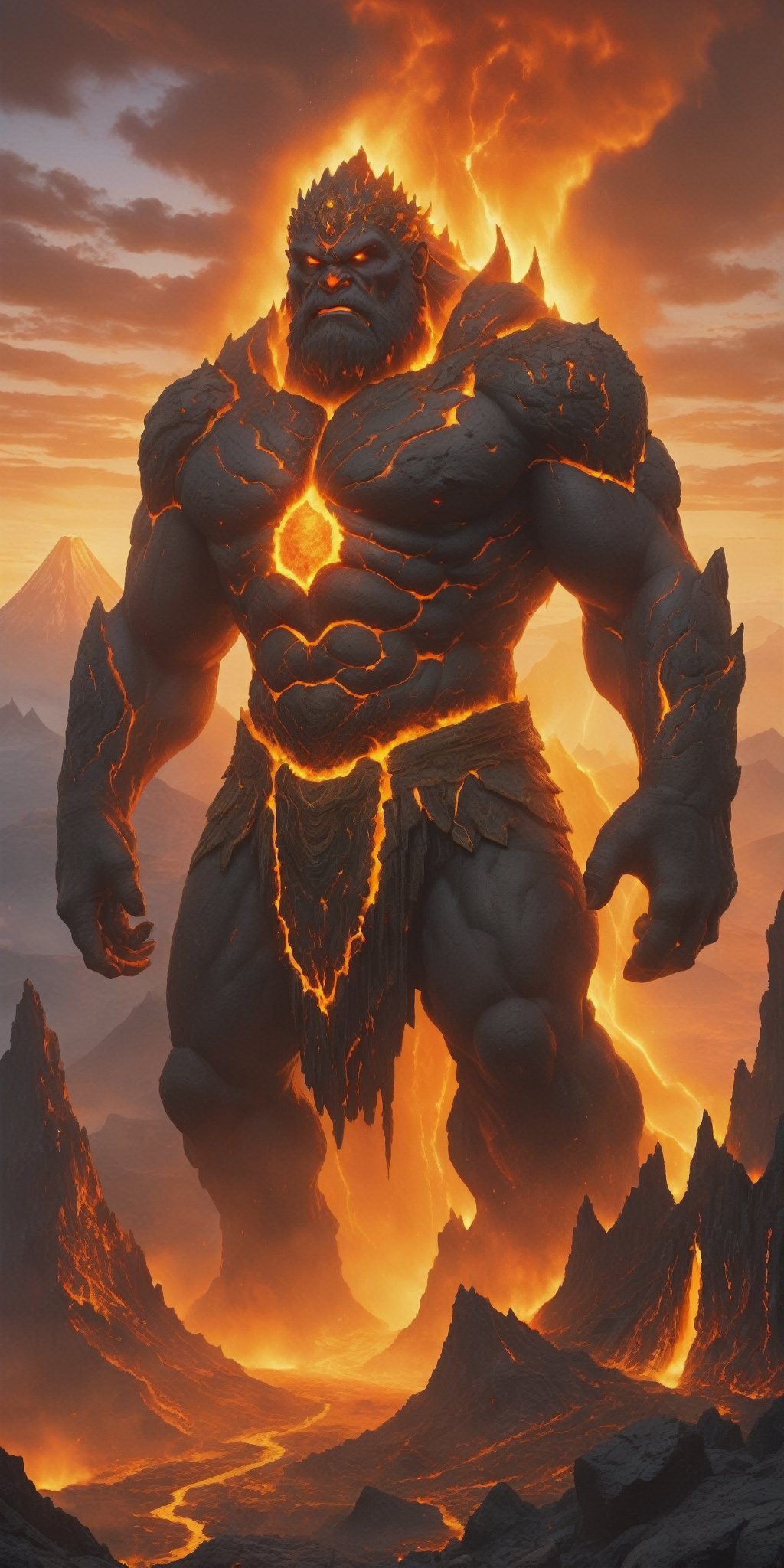 A colossal stone giant, its weathered features adorned with golden jewels, stands guard over a hidden city nestled within a volcano. Molten lava flows around its base, casting an orange glow on the city's obsidian towers.
 
