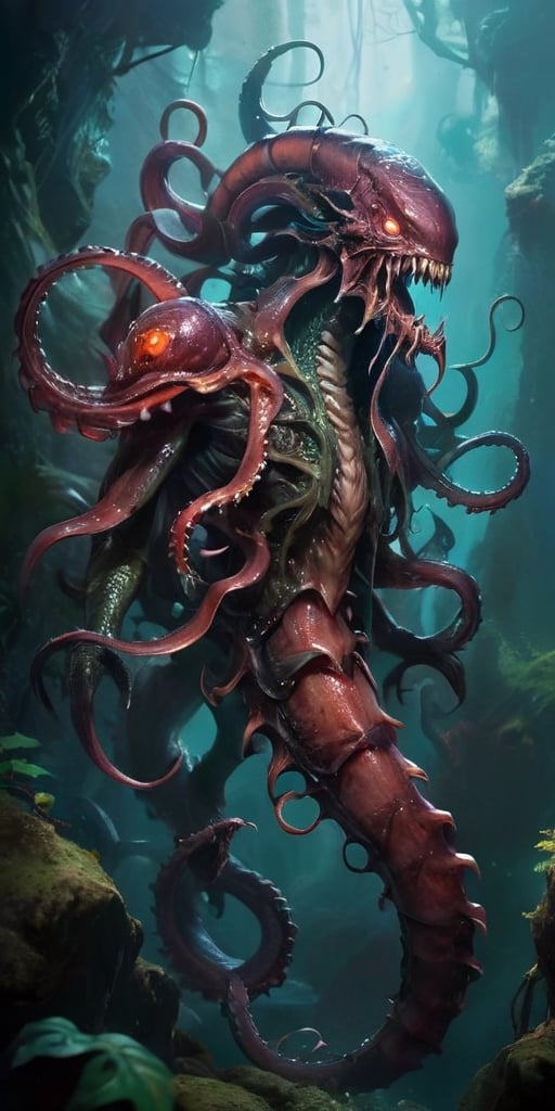 The Abyssal Devourer In the depths of a forgotten abyss, a monstrous entity lurks. It possesses a serpentine body that undulates sinuously, covered in slimy, translucent flesh. Its many eyes glow with a malevolent intelligence, and its gaping maw is lined with rows of needle-like teeth. Tentacles, each tipped with a bony barb, writhe around its form, ready to ensnare any who draw near.
