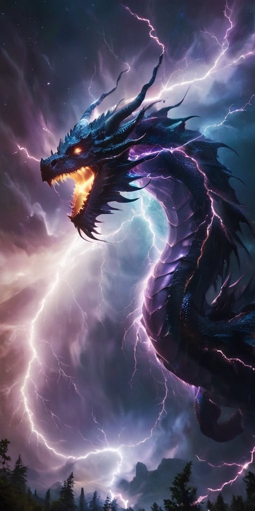 A dragon of pure energy, its body crackling with lightning-like tendrils of light that arc and twist around its sleek form. It flies through a field of shimmering auroras, its presence seemingly causing the lights to intensify, creating a stunning display of color and motion in the night sky.
