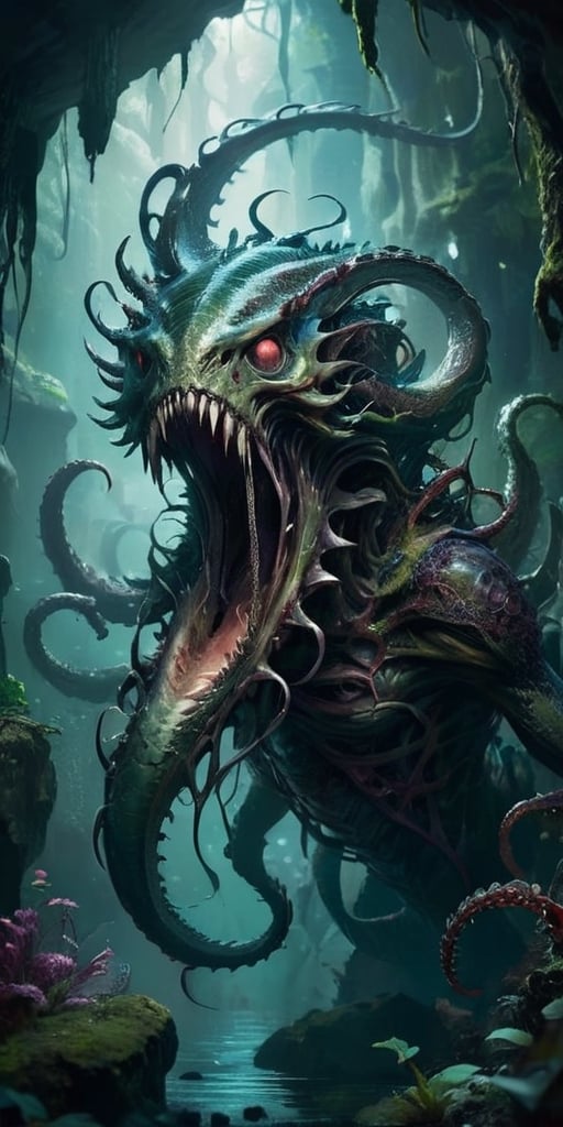 The Abyssal Devourer In the depths of a forgotten abyss, a monstrous entity lurks. It possesses a serpentine body that undulates sinuously, covered in slimy, translucent flesh. Its many eyes glow with a malevolent intelligence, and its gaping maw is lined with rows of needle-like teeth. Tentacles, each tipped with a bony barb, writhe around its form, ready to ensnare any who draw near.
