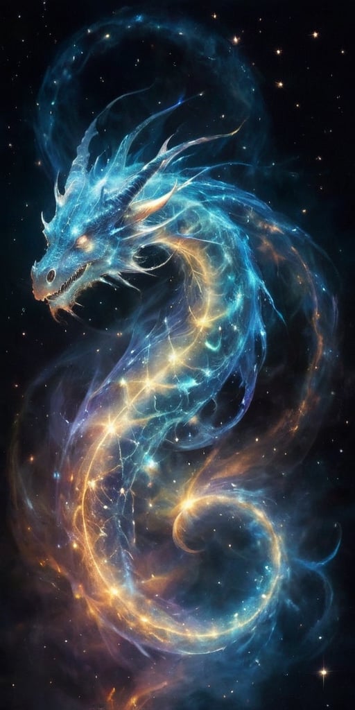 An ethereal dragon, translucent and shimmering like a ghostly apparition, its form outlined by the glow of distant stars. It soars through the void of space, leaving a trail of sparkling stardust in its wake, its eyes glowing with ancient wisdom as it navigates the cosmos.
