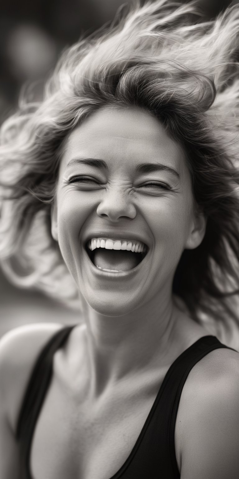 A black and white close-up portrait of a woman with windblown hair and laugh lines etched around her eyes. Her expression is one of pure joy, her mouth open in a wide laugh. The background is blurred, creating a sense of movement.
 
