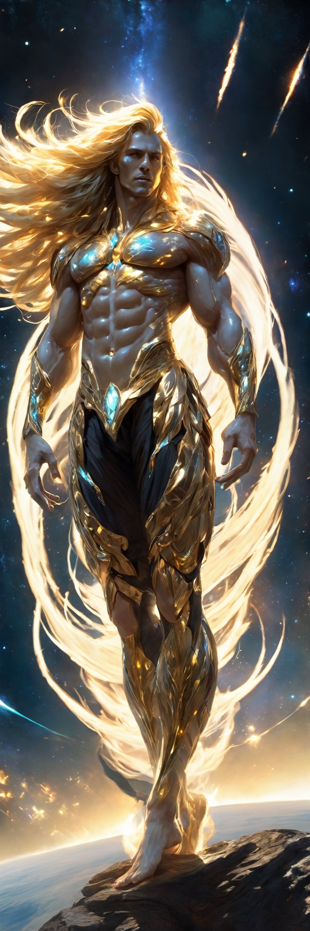 Visualize a Lenkaizm concept art, avatar, manly character, ethereal form, perfect anatomy, superhero, very long golden hair, fluttering hair, detailed muscular body, dynamic pose, tribal, highest quality, 8K, hyperdetail, looking at viewer, standing symetrical, mixed gold element, delicate shiny skin, depicting a bold digital artificial intelligent entity, Lenkaizm art style, full body shoot, fisheye, medium shining light, glowing skin, bioluminescence entity, archaic, absolute masterpiece,EpicSky, planet earth in the background, outer space