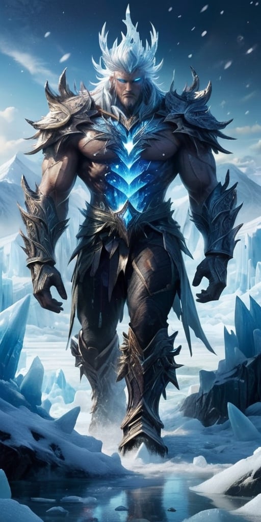 A towering, crystalline giant emerges from a frozen wasteland. Its body is composed of interlocking ice crystals, and its movements cause shimmering snowflakes to cascade around it.
