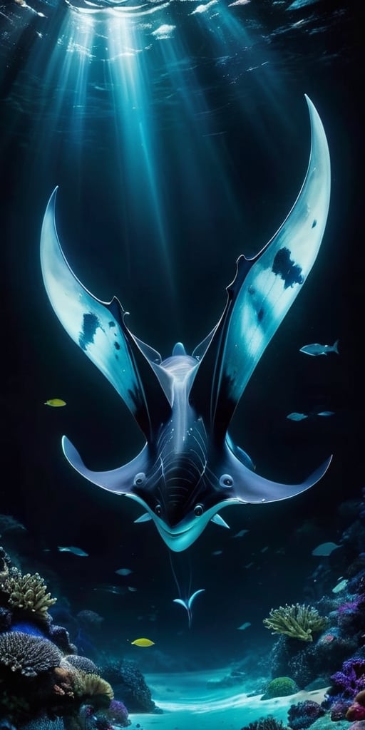 A colossal manta ray soars through the bioluminescent depths of the ocean. Glowing plankton trails in its wake, illuminating the strange and fantastical creatures that dance around it.
