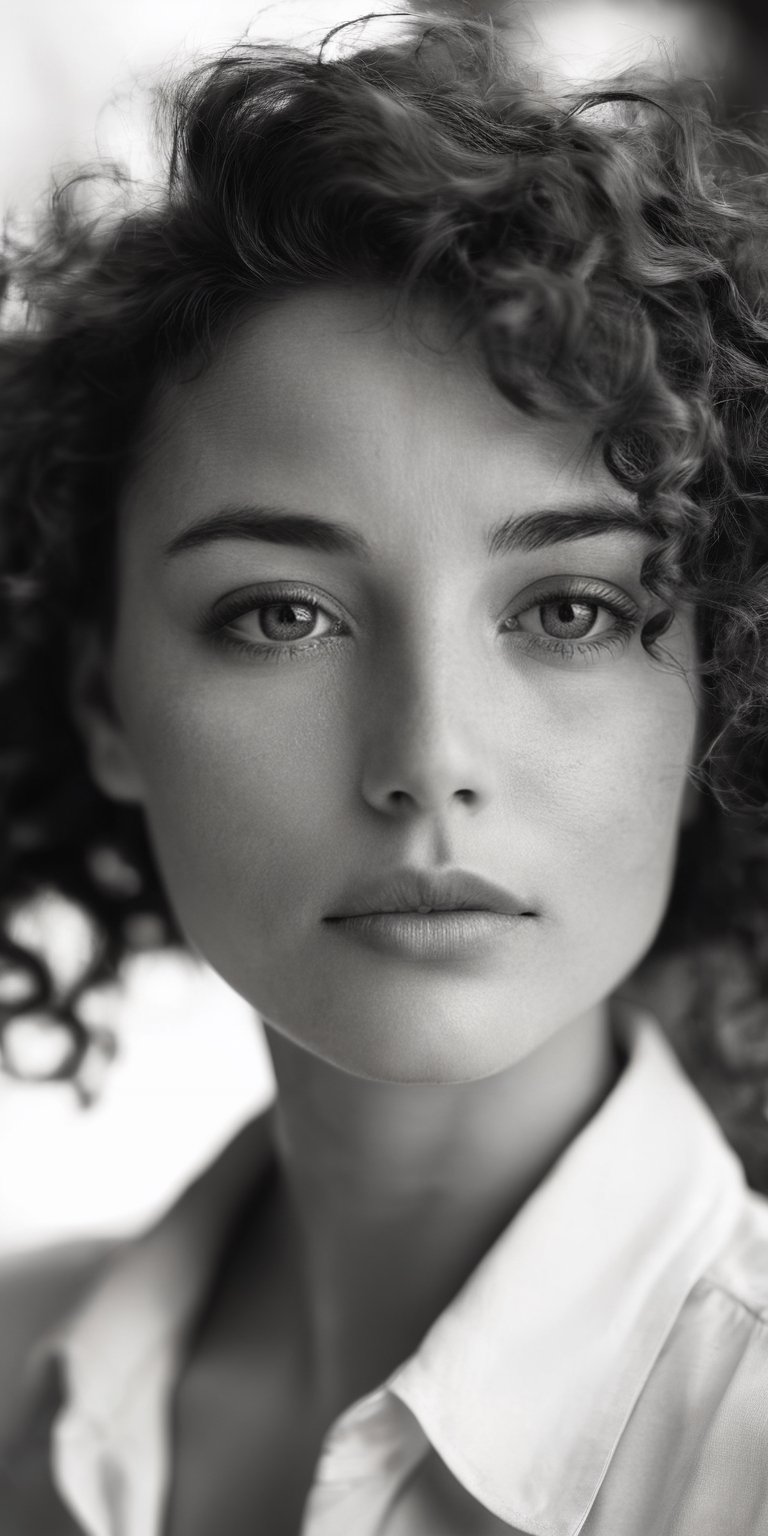 A black and white close-up portrait of a woman with soft, natural curls framing her face. Her expression is thoughtful and introspective. The background is blurred, creating a dreamy effect.

