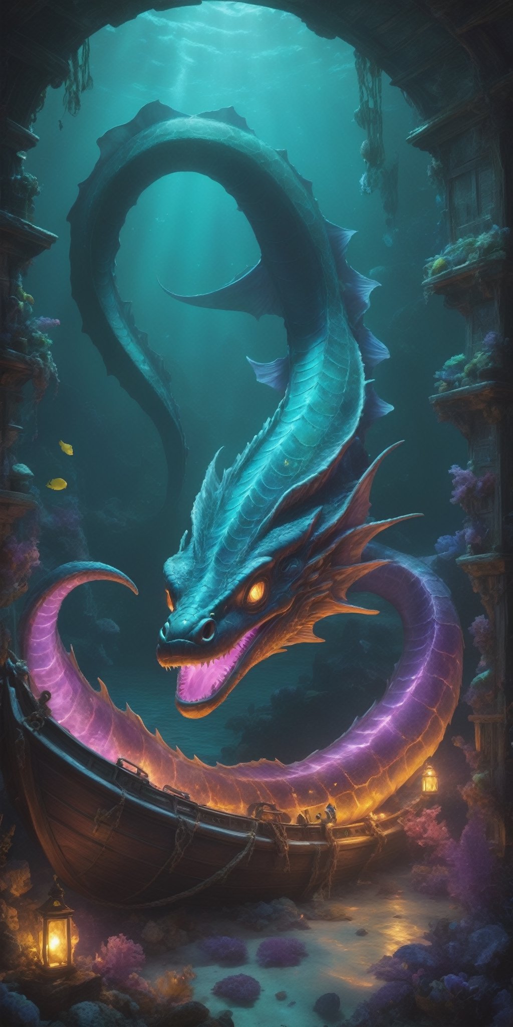 A luminescent sea serpent with scales that shimmer like amethysts coils around a sunken galleon, its bioluminescent light illuminating the treasures within. Ghostly pirates peer out from portholes, their expressions a mix of awe and fear.
