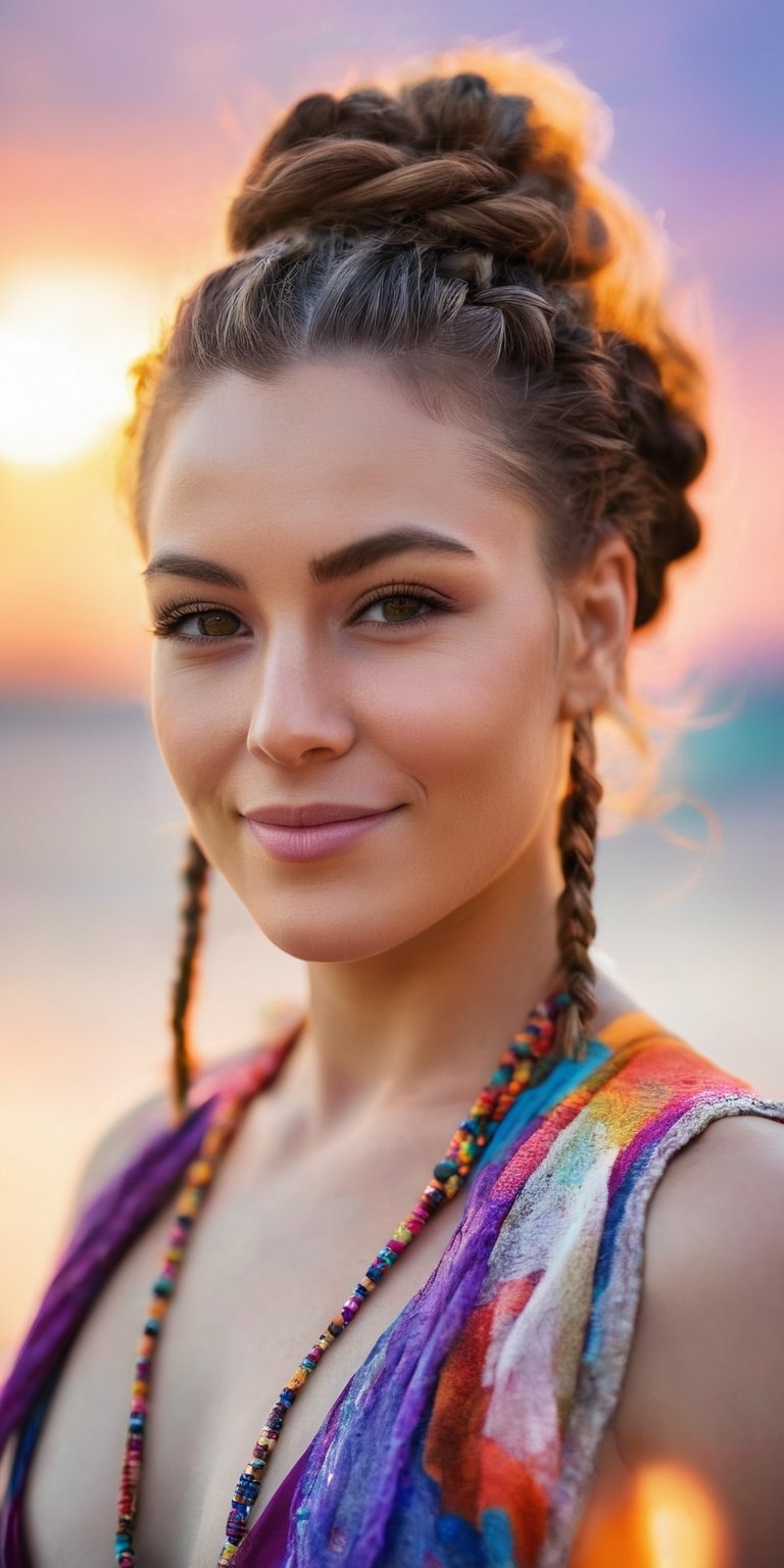 A close-up portrait of a woman with a gentle smile and kind eyes. Her hair is braided with colorful beads woven throughout. The background is a vibrant sunset, awash in hues of orange, pink, and purple.
