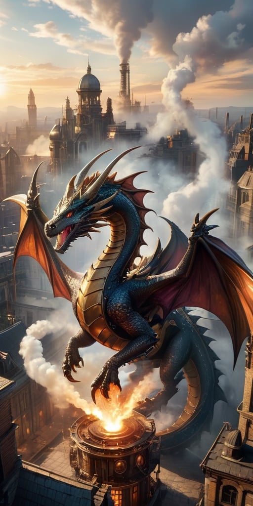 A colossal clockwork dragon, its brass gears and pistons whirring to life, takes flight above a steampunk cityscape. Steam billows from its vents, and its metallic wings cast long shadows on the cobblestone streets below.
