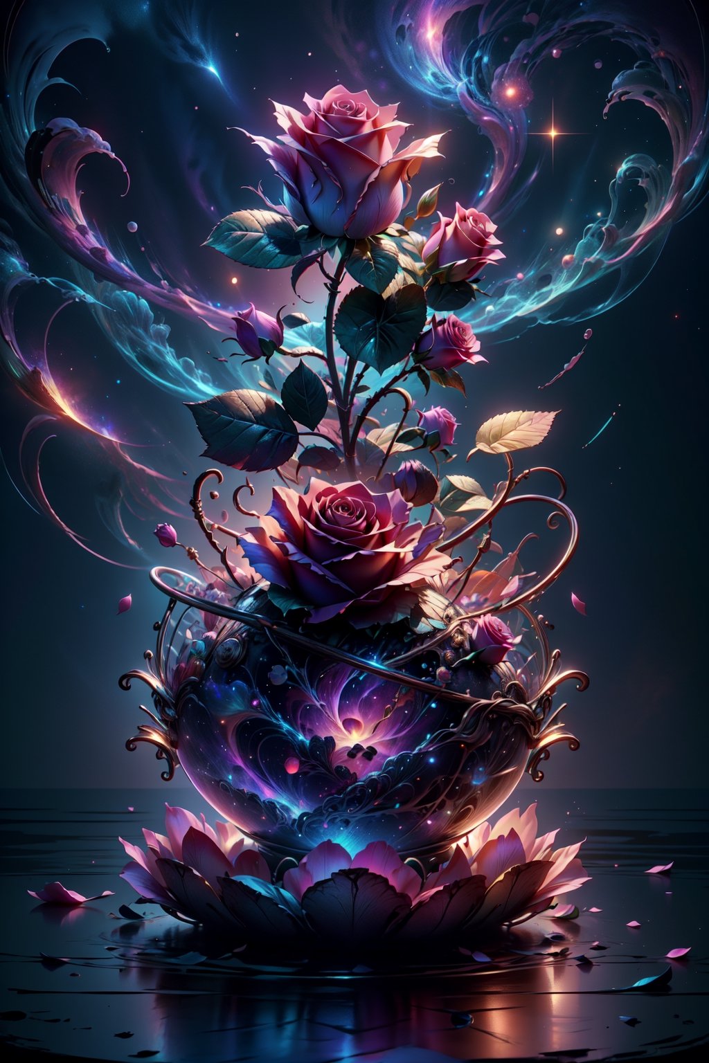 close up angle of (( floating on air)), ( rose petal) , detailed focus, deep bokeh, beautiful, dreamy colors, dark cosmic background. Visually delightful ,3D,more detail XL,dreamwave,More Detail,aesthetic