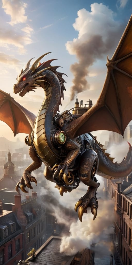 A colossal clockwork dragon, its brass gears and pistons whirring to life, takes flight above a steampunk cityscape. Steam billows from its vents, and its metallic wings cast long shadows on the cobblestone streets below.
