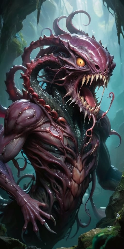 The Abyssal Devourer In the depths of a forgotten abyss, a monstrous entity lurks. It possesses a serpentine body that undulates sinuously, covered in slimy, translucent flesh. Its many eyes glow with a malevolent intelligence, and its gaping maw is lined with rows of needle-like teeth. Tentacles, each tipped with a bony barb, writhe around its form, ready to ensnare any who draw near.
