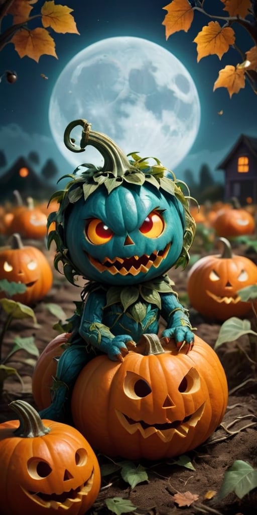 A baby pumpkin monster with a friendly grin, sitting in a pumpkin patch under a full moon. The monster has glowing eyes and leafy vines for hair. Jack-o'-lanterns with silly faces are scattered around the pumpkin patch.
